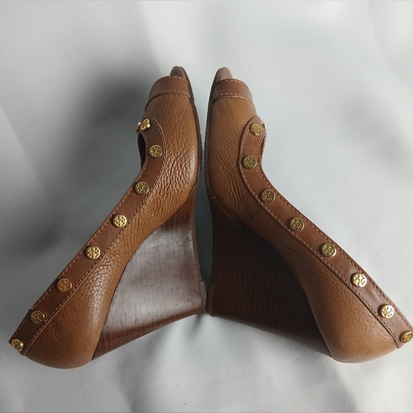 TORY BURCH Wedge Women Sandals Size 6.5 Tan Leather Open Toe - Picture 6 of 10